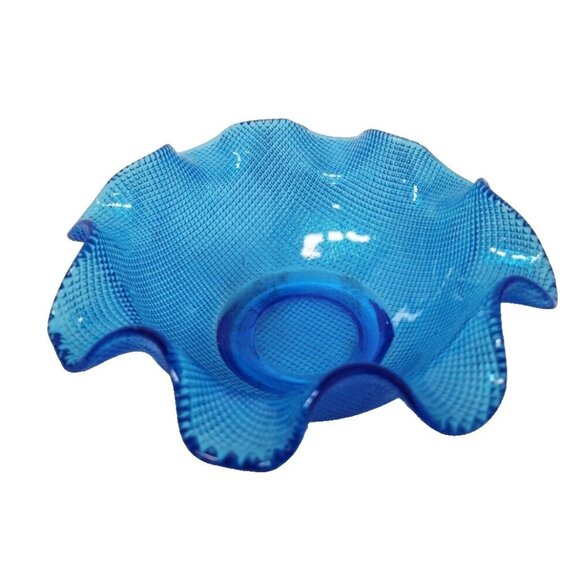 Vintage Colony Italy Blue Waffle Glass Candy Dish Ice Cream Bowl Ruffled Edge - Picture 1 of 7